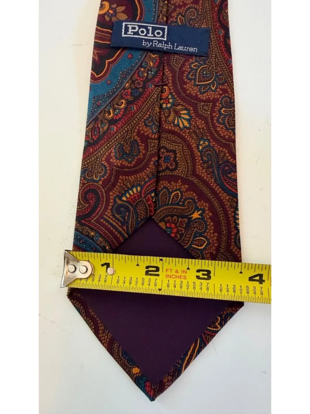 Polo By Ralph Lauren Vintage Silk Tie Paisley Print Burgundy & Blue Made In USA